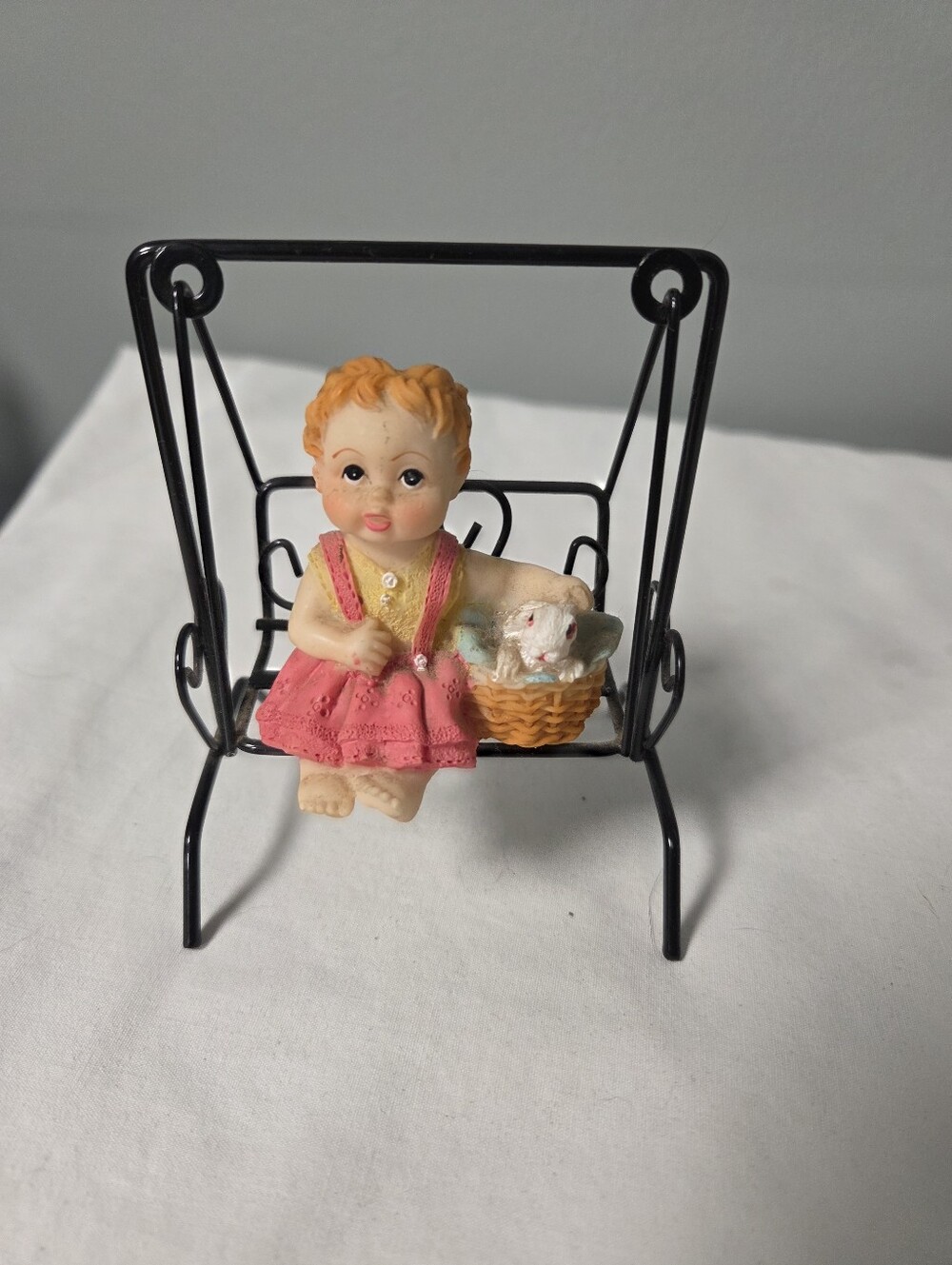 K's Collection porcelain adorable Red Hair little girl on a swing, with a bunny